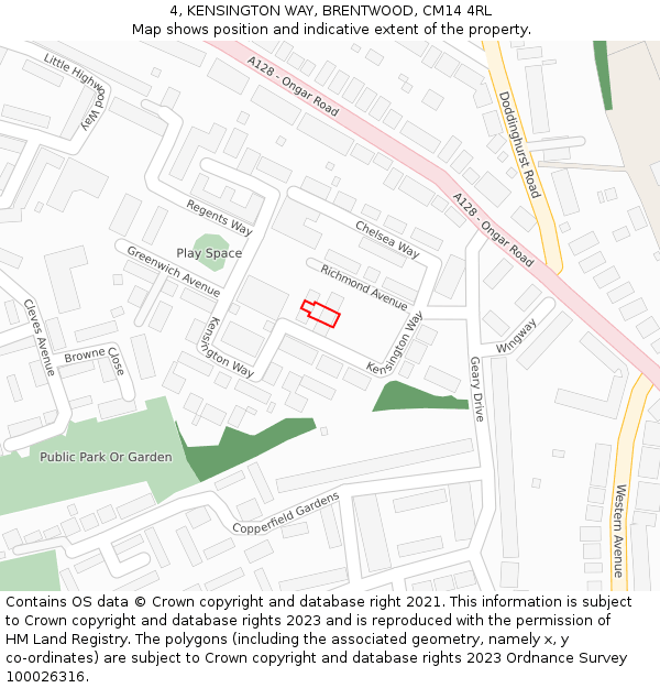 4, KENSINGTON WAY, BRENTWOOD, CM14 4RL: Location map and indicative extent of plot