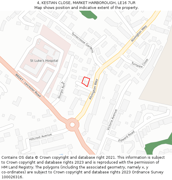 4, KESTIAN CLOSE, MARKET HARBOROUGH, LE16 7UR: Location map and indicative extent of plot