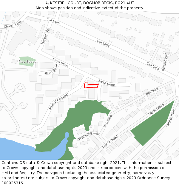 4, KESTREL COURT, BOGNOR REGIS, PO21 4UT: Location map and indicative extent of plot