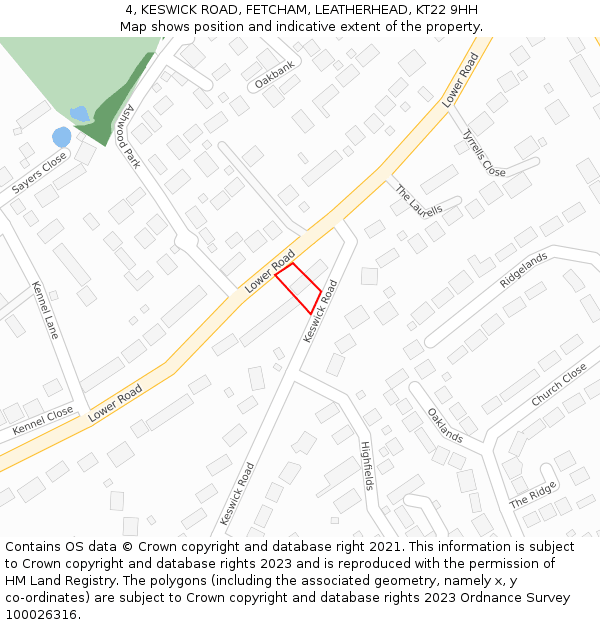 4, KESWICK ROAD, FETCHAM, LEATHERHEAD, KT22 9HH: Location map and indicative extent of plot