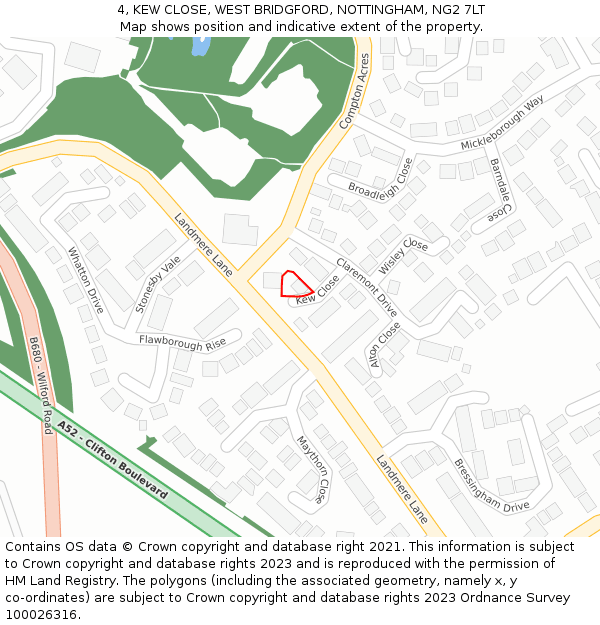 4, KEW CLOSE, WEST BRIDGFORD, NOTTINGHAM, NG2 7LT: Location map and indicative extent of plot