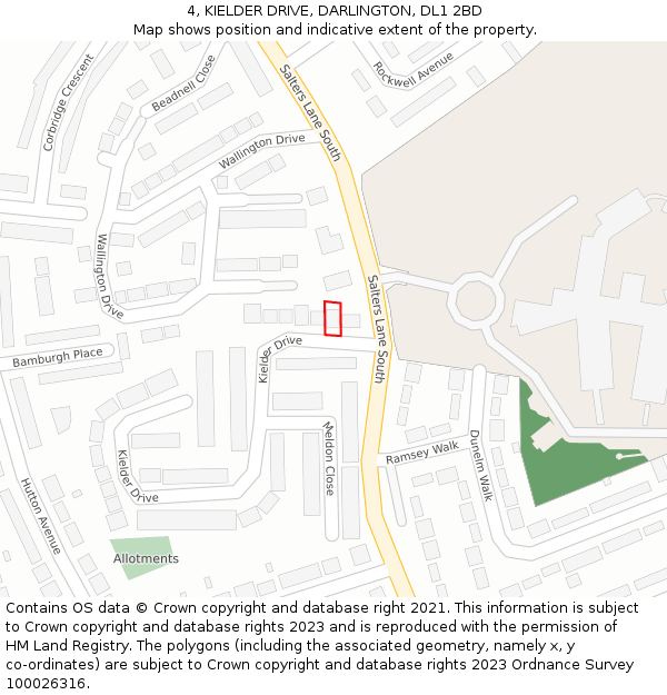 4, KIELDER DRIVE, DARLINGTON, DL1 2BD: Location map and indicative extent of plot