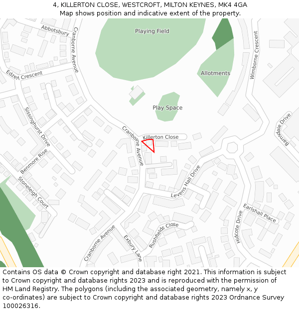 4, KILLERTON CLOSE, WESTCROFT, MILTON KEYNES, MK4 4GA: Location map and indicative extent of plot