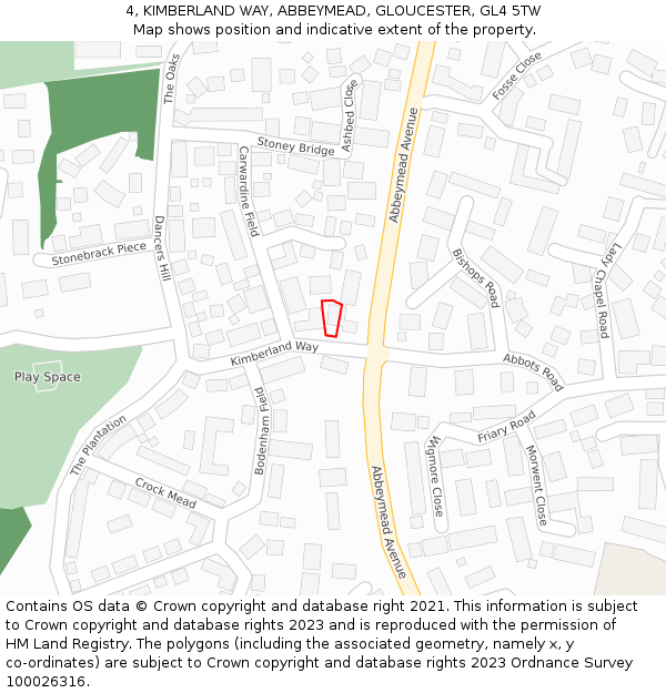 4, KIMBERLAND WAY, ABBEYMEAD, GLOUCESTER, GL4 5TW: Location map and indicative extent of plot