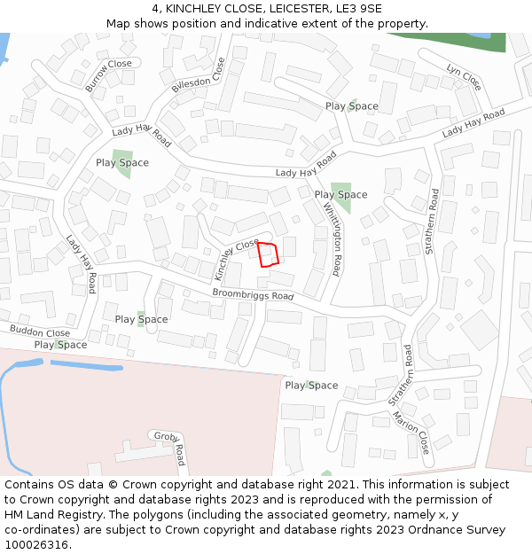 4, KINCHLEY CLOSE, LEICESTER, LE3 9SE: Location map and indicative extent of plot