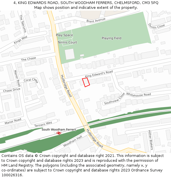 4, KING EDWARDS ROAD, SOUTH WOODHAM FERRERS, CHELMSFORD, CM3 5PQ: Location map and indicative extent of plot