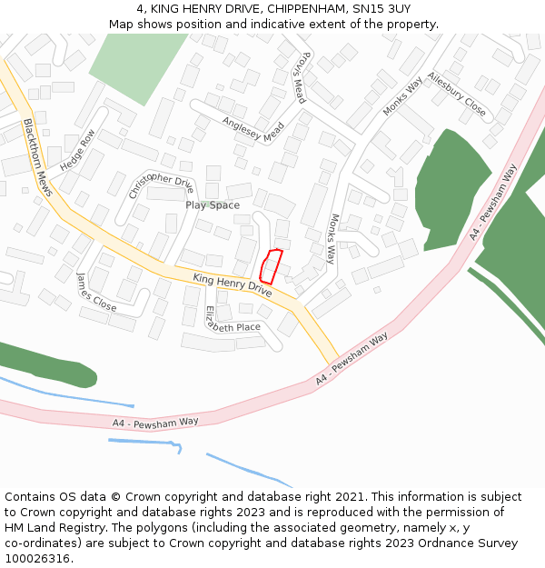 4, KING HENRY DRIVE, CHIPPENHAM, SN15 3UY: Location map and indicative extent of plot