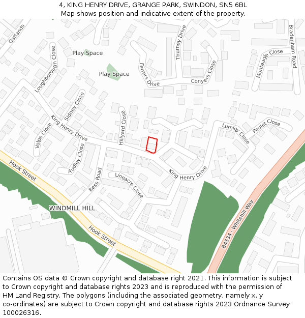 4, KING HENRY DRIVE, GRANGE PARK, SWINDON, SN5 6BL: Location map and indicative extent of plot