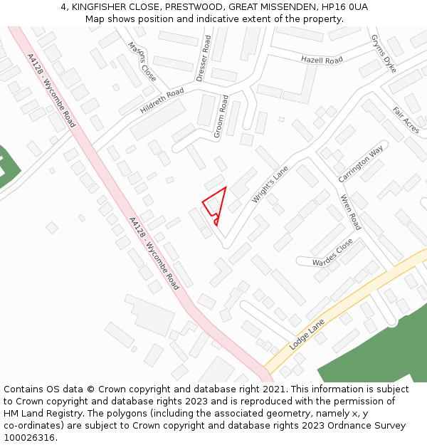 4, KINGFISHER CLOSE, PRESTWOOD, GREAT MISSENDEN, HP16 0UA: Location map and indicative extent of plot