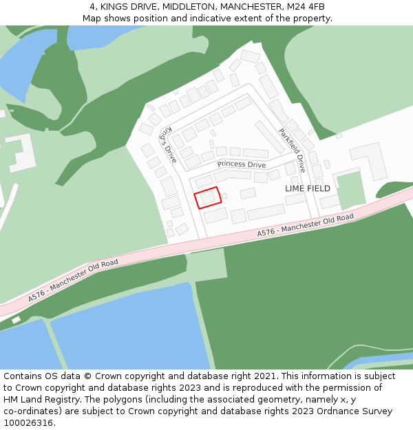 4, KINGS DRIVE, MIDDLETON, MANCHESTER, M24 4FB: Location map and indicative extent of plot