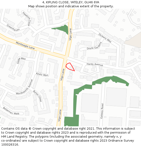 4, KIPLING CLOSE, YATELEY, GU46 6YA: Location map and indicative extent of plot