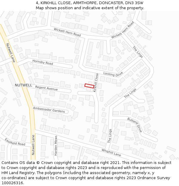 4, KIRKHILL CLOSE, ARMTHORPE, DONCASTER, DN3 3SW: Location map and indicative extent of plot