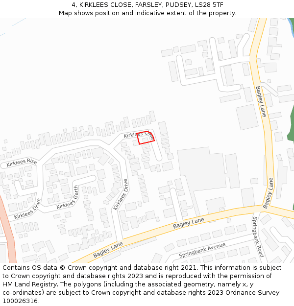 4, KIRKLEES CLOSE, FARSLEY, PUDSEY, LS28 5TF: Location map and indicative extent of plot