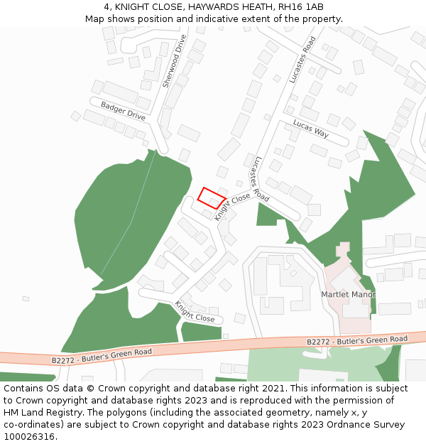 4, KNIGHT CLOSE, HAYWARDS HEATH, RH16 1AB: Location map and indicative extent of plot