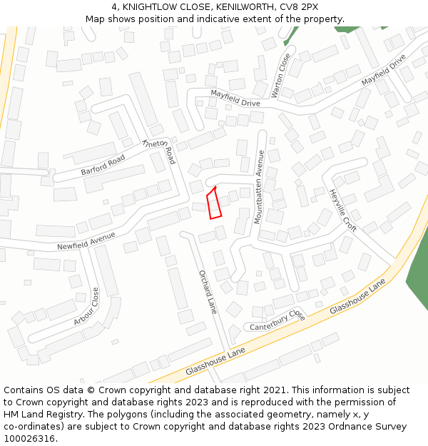 4, KNIGHTLOW CLOSE, KENILWORTH, CV8 2PX: Location map and indicative extent of plot