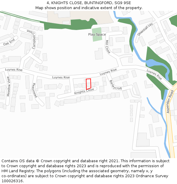 4, KNIGHTS CLOSE, BUNTINGFORD, SG9 9SE: Location map and indicative extent of plot