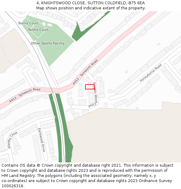 4, KNIGHTSWOOD CLOSE, SUTTON COLDFIELD, B75 6EA: Location map and indicative extent of plot