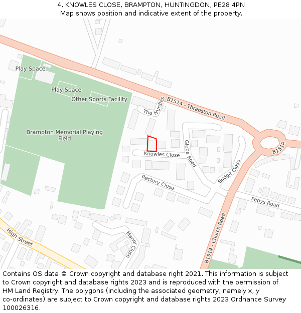 4, KNOWLES CLOSE, BRAMPTON, HUNTINGDON, PE28 4PN: Location map and indicative extent of plot