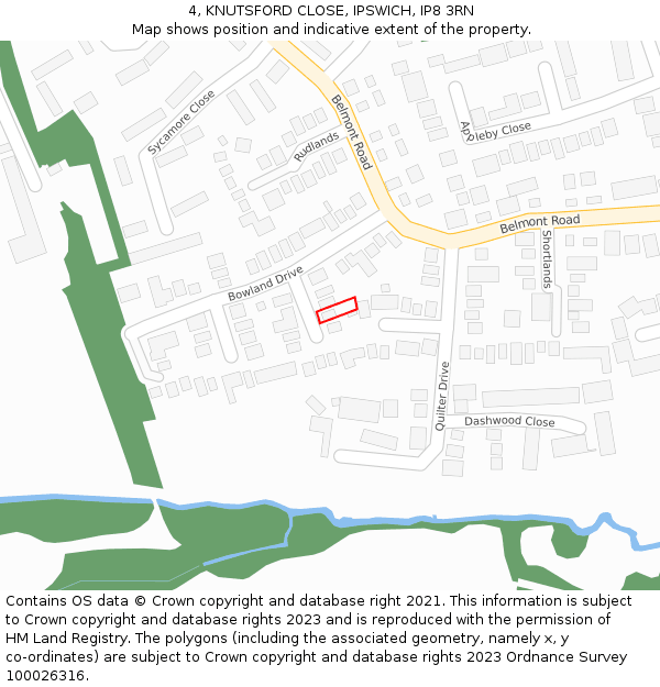 4, KNUTSFORD CLOSE, IPSWICH, IP8 3RN: Location map and indicative extent of plot