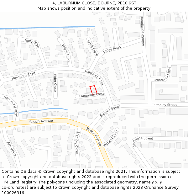 4, LABURNUM CLOSE, BOURNE, PE10 9ST: Location map and indicative extent of plot