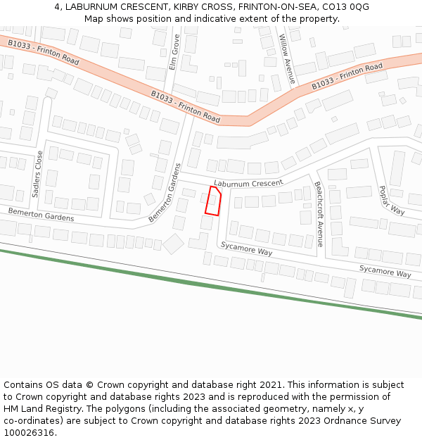 4, LABURNUM CRESCENT, KIRBY CROSS, FRINTON-ON-SEA, CO13 0QG: Location map and indicative extent of plot