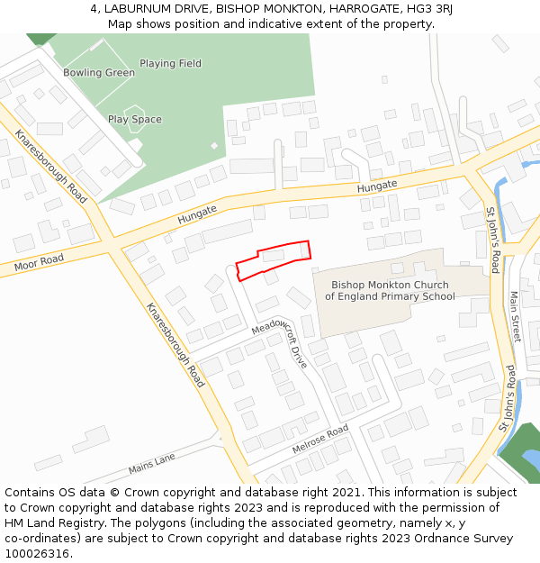 4, LABURNUM DRIVE, BISHOP MONKTON, HARROGATE, HG3 3RJ: Location map and indicative extent of plot