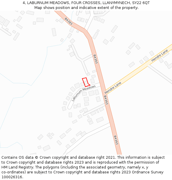4, LABURNUM MEADOWS, FOUR CROSSES, LLANYMYNECH, SY22 6QT: Location map and indicative extent of plot
