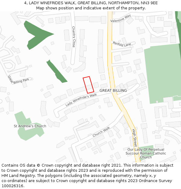 4, LADY WINEFRIDES WALK, GREAT BILLING, NORTHAMPTON, NN3 9EE: Location map and indicative extent of plot