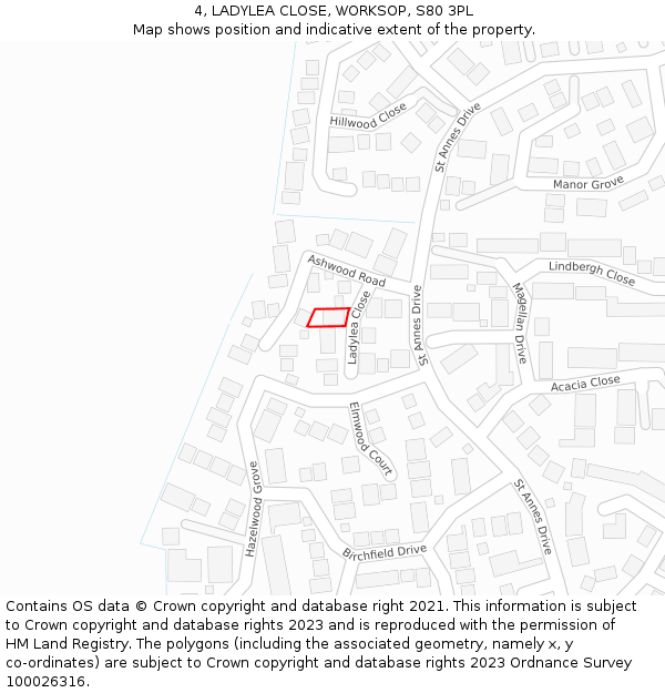 4, LADYLEA CLOSE, WORKSOP, S80 3PL: Location map and indicative extent of plot