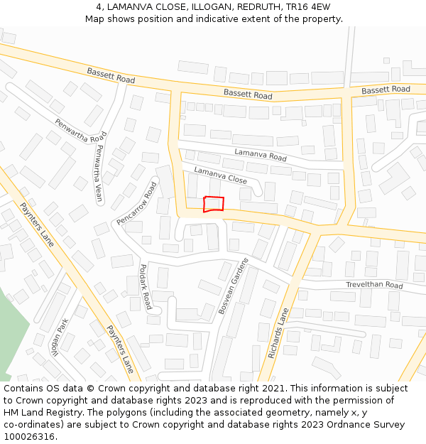 4, LAMANVA CLOSE, ILLOGAN, REDRUTH, TR16 4EW: Location map and indicative extent of plot