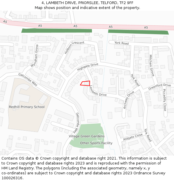 4, LAMBETH DRIVE, PRIORSLEE, TELFORD, TF2 9FF: Location map and indicative extent of plot