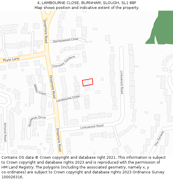 4, LAMBOURNE CLOSE, BURNHAM, SLOUGH, SL1 8BF: Location map and indicative extent of plot