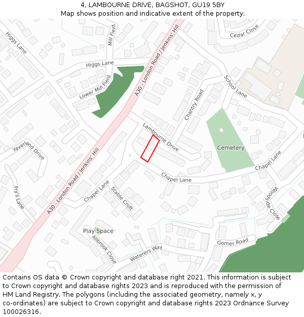 4, LAMBOURNE DRIVE, BAGSHOT, GU19 5BY: Location map and indicative extent of plot