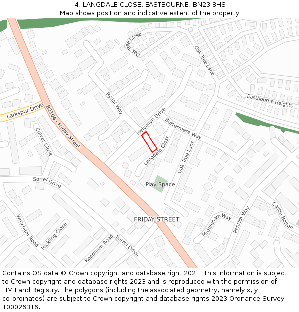 4, LANGDALE CLOSE, EASTBOURNE, BN23 8HS: Location map and indicative extent of plot