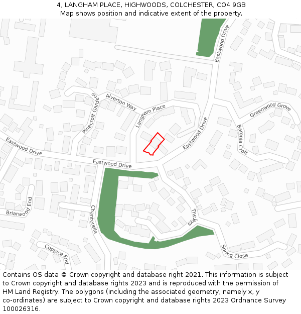 4, LANGHAM PLACE, HIGHWOODS, COLCHESTER, CO4 9GB: Location map and indicative extent of plot