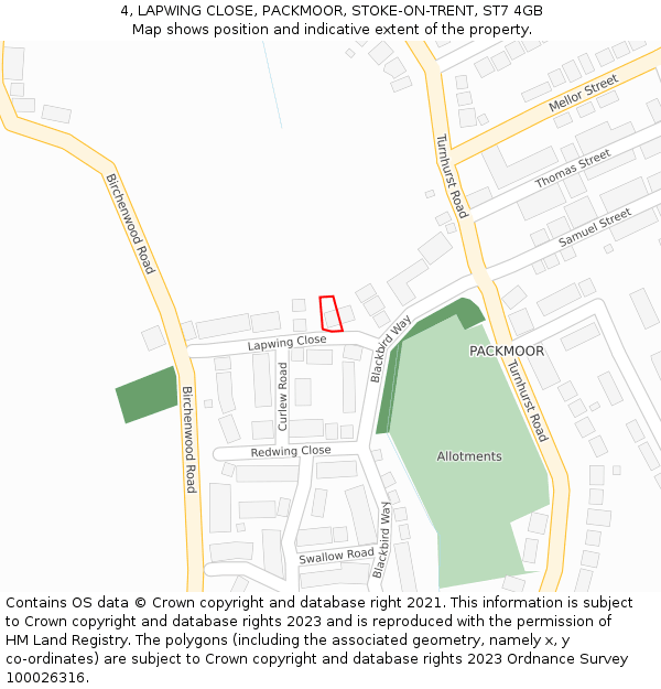 4, LAPWING CLOSE, PACKMOOR, STOKE-ON-TRENT, ST7 4GB: Location map and indicative extent of plot