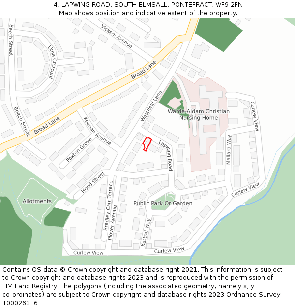 4, LAPWING ROAD, SOUTH ELMSALL, PONTEFRACT, WF9 2FN: Location map and indicative extent of plot