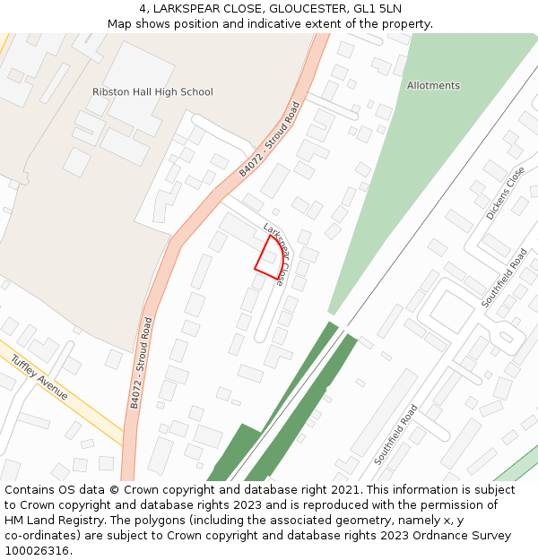 4, LARKSPEAR CLOSE, GLOUCESTER, GL1 5LN: Location map and indicative extent of plot