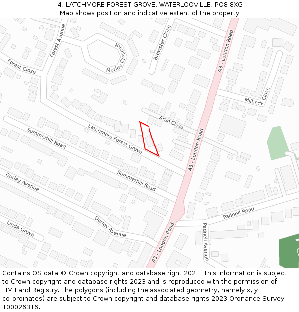 4, LATCHMORE FOREST GROVE, WATERLOOVILLE, PO8 8XG: Location map and indicative extent of plot