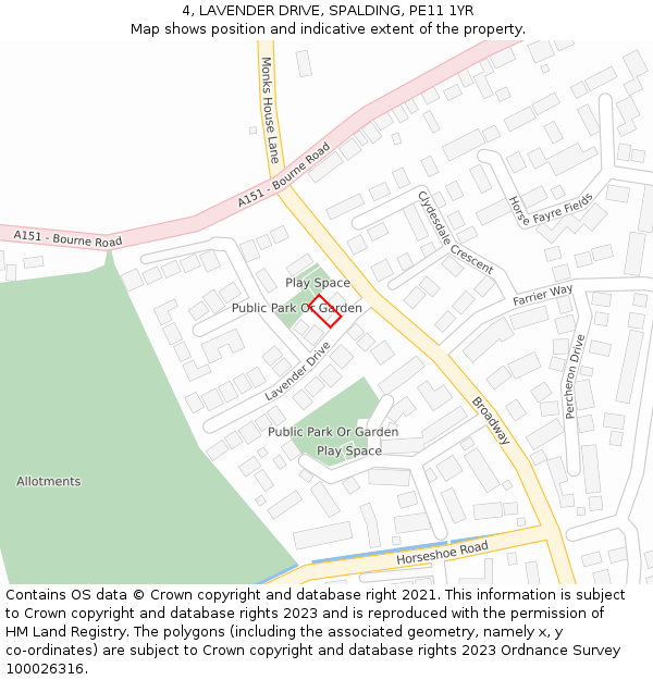 4, LAVENDER DRIVE, SPALDING, PE11 1YR: Location map and indicative extent of plot