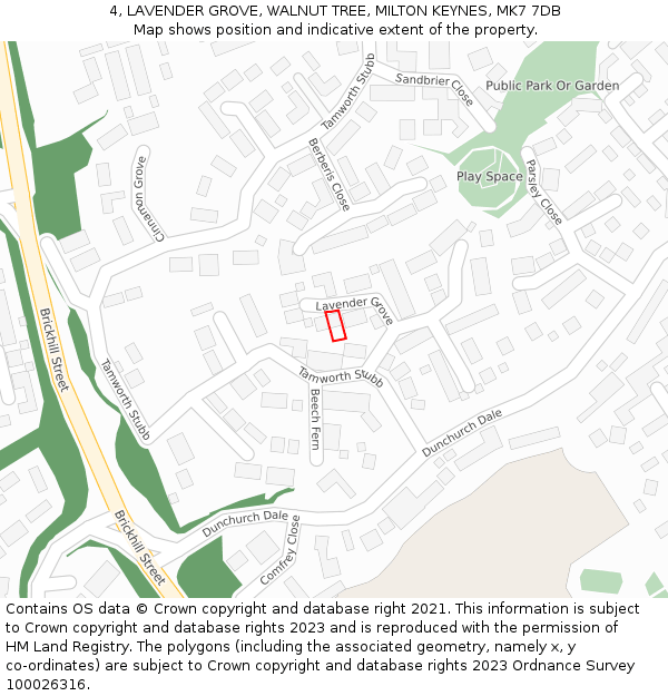 4, LAVENDER GROVE, WALNUT TREE, MILTON KEYNES, MK7 7DB: Location map and indicative extent of plot