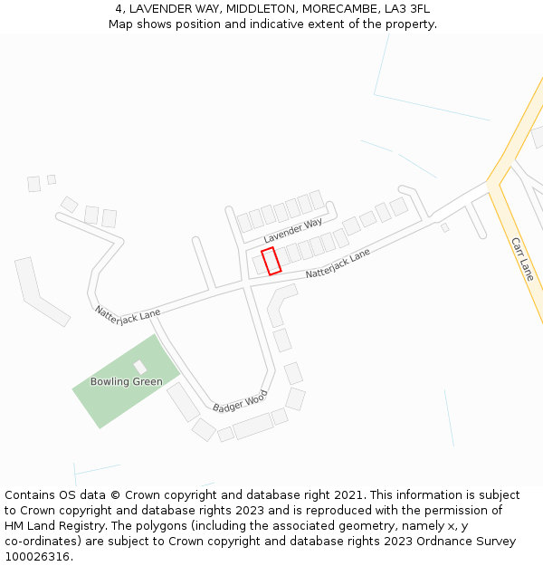 4, LAVENDER WAY, MIDDLETON, MORECAMBE, LA3 3FL: Location map and indicative extent of plot