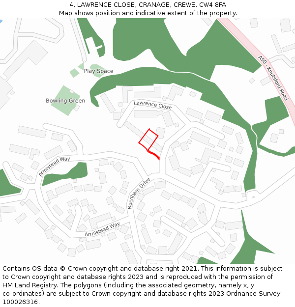 4, LAWRENCE CLOSE, CRANAGE, CREWE, CW4 8FA: Location map and indicative extent of plot