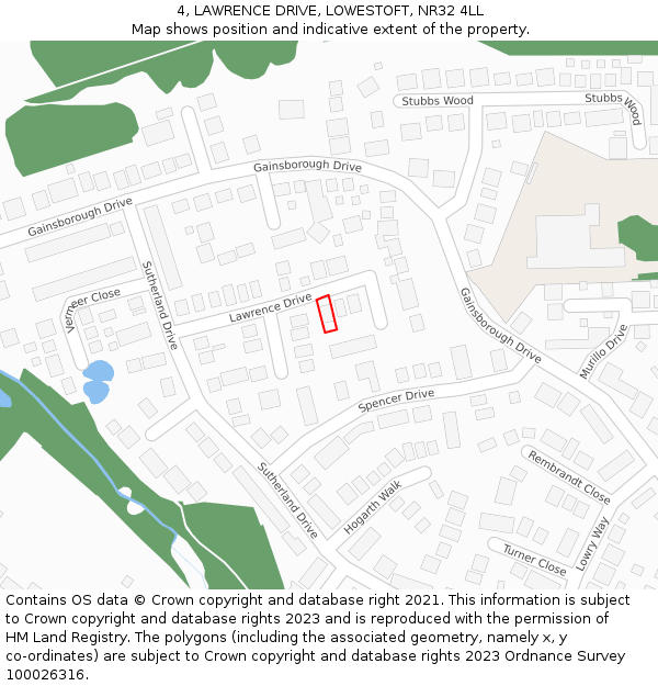 4, LAWRENCE DRIVE, LOWESTOFT, NR32 4LL: Location map and indicative extent of plot