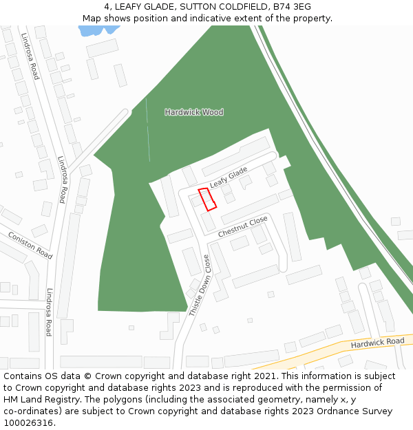 4, LEAFY GLADE, SUTTON COLDFIELD, B74 3EG: Location map and indicative extent of plot