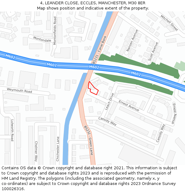 4, LEANDER CLOSE, ECCLES, MANCHESTER, M30 8ER: Location map and indicative extent of plot