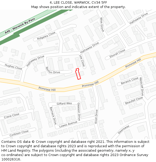 4, LEE CLOSE, WARWICK, CV34 5FF: Location map and indicative extent of plot