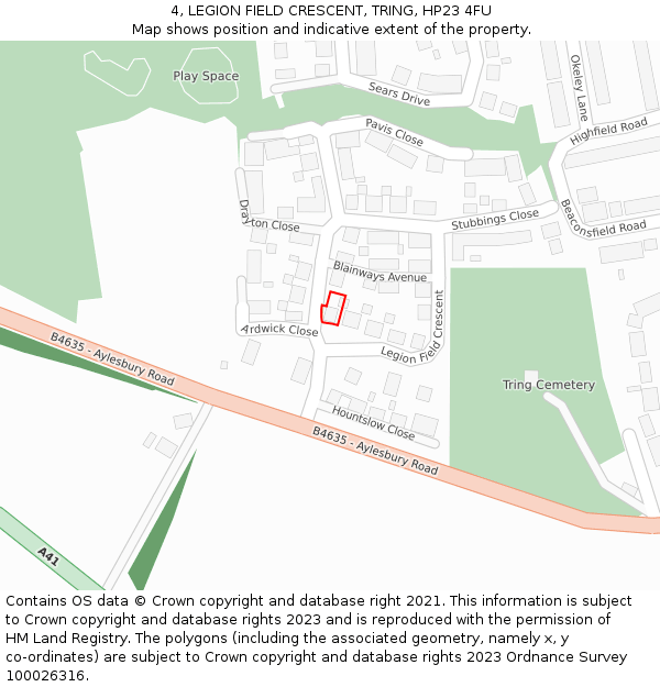 4, LEGION FIELD CRESCENT, TRING, HP23 4FU: Location map and indicative extent of plot