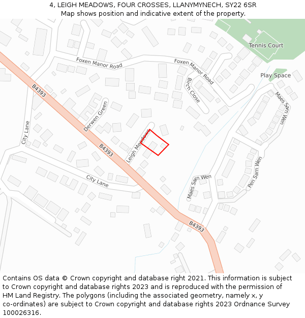 4, LEIGH MEADOWS, FOUR CROSSES, LLANYMYNECH, SY22 6SR: Location map and indicative extent of plot