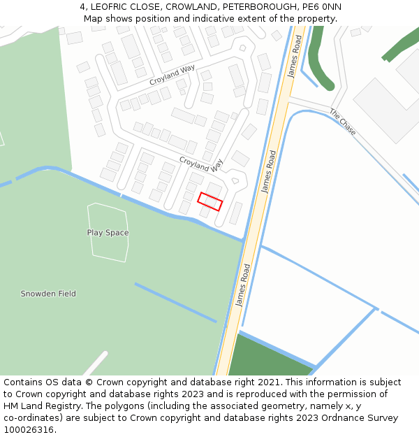 4, LEOFRIC CLOSE, CROWLAND, PETERBOROUGH, PE6 0NN: Location map and indicative extent of plot